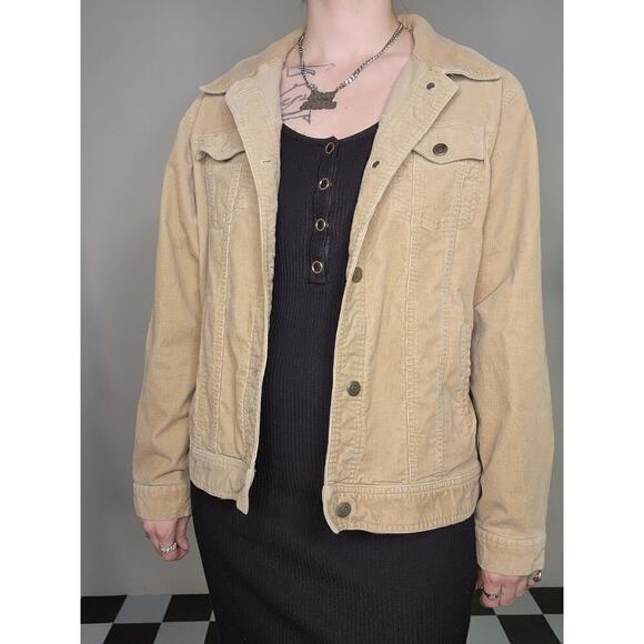 90s Y2k Tan Corduroy Button Up Collared Cotton Light Jacket Sz XL - Picture 2 of 8